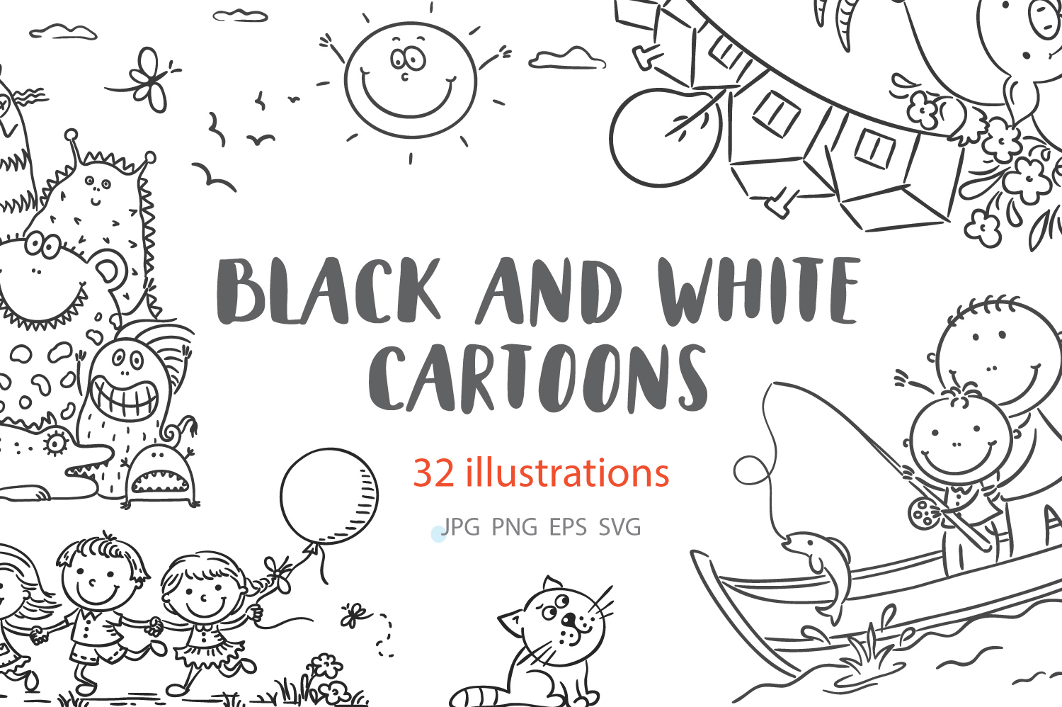 Outline hand drawn cartoon vector illustration clipart bundle - happy doodle kids, families and cute animals