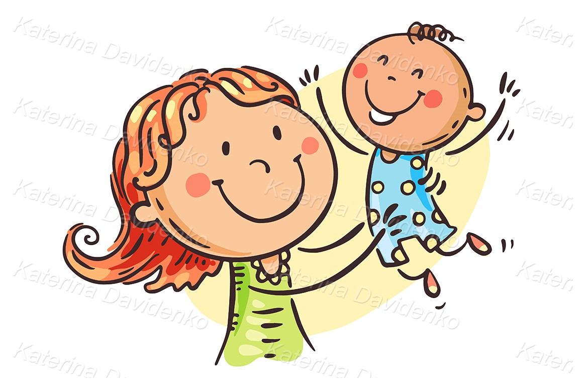 Happy cartoon mother playing with a child