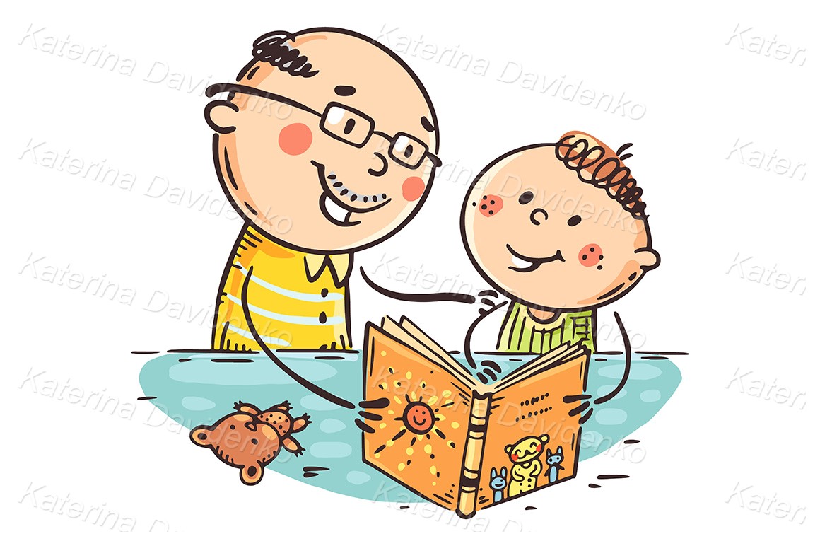 Grandfather and grandson reading a book, vector cartoon illustration