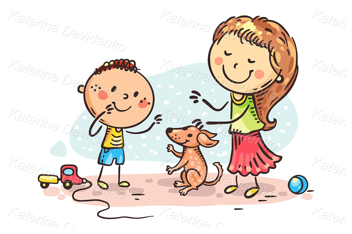 Cartoon happy doodle family playing with their puppy