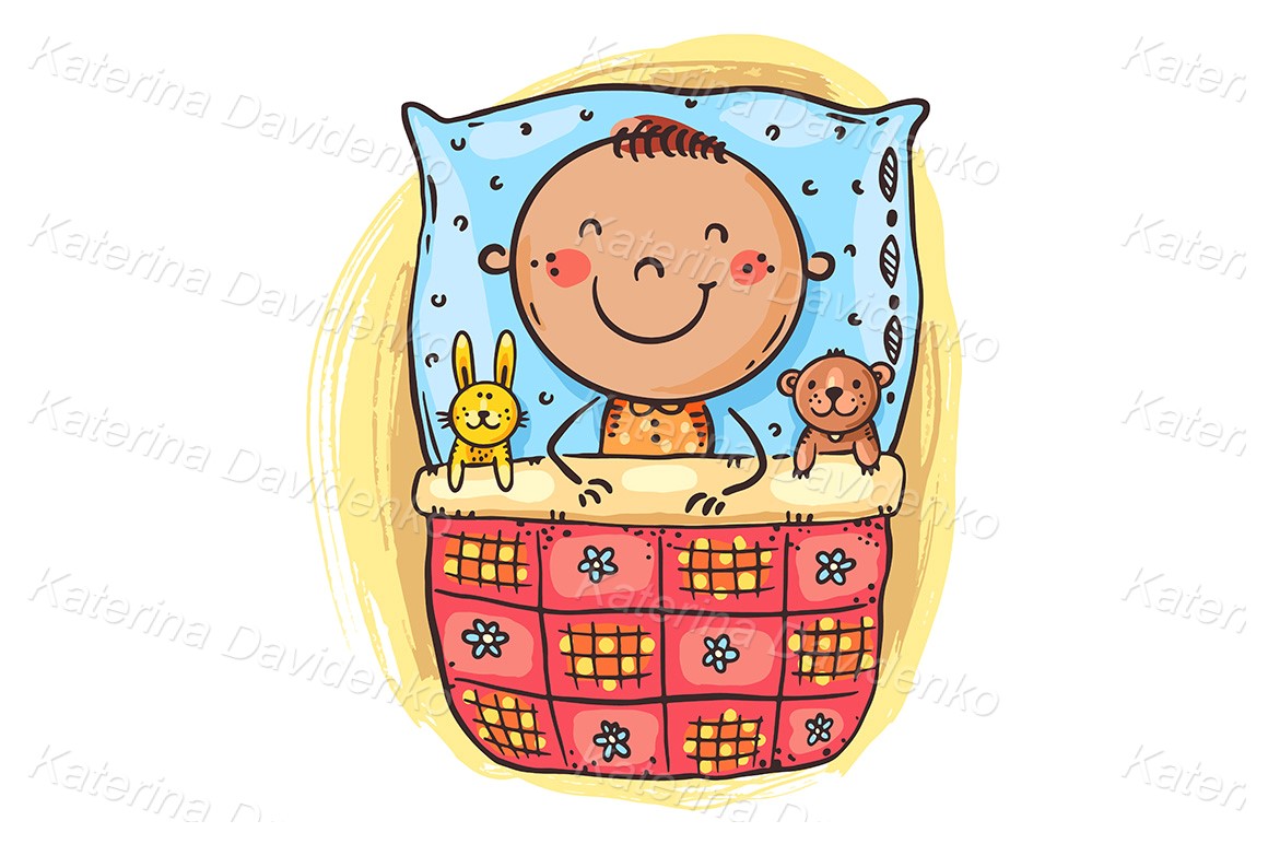 Illustration of cute little kid boy sleeping in bed with her toys
