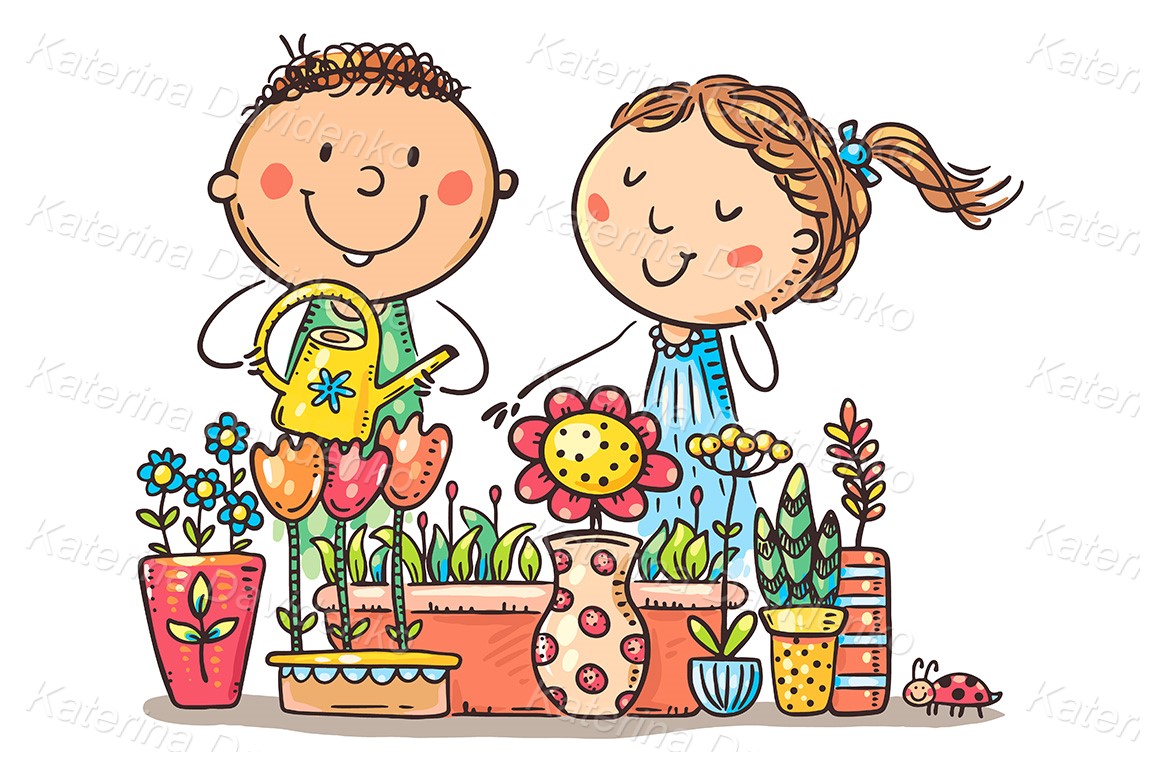 Illustration of doodle young couple people watering flowers, love plant