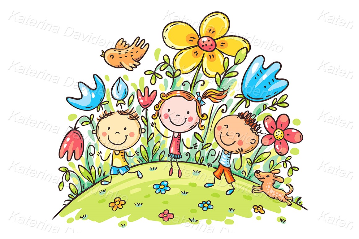 Cartoon doodle kids on flowering hill