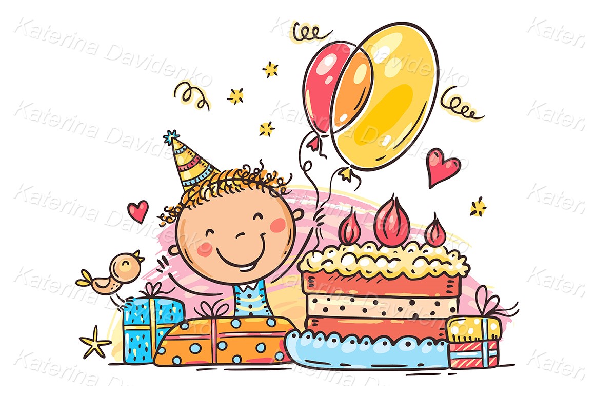 Illustration of child's birthday with gifts and birthday cake