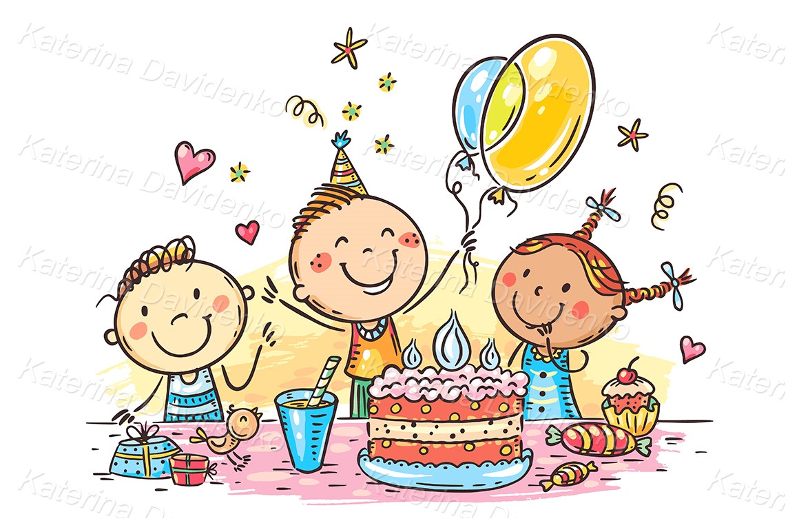 Cartoon doodle happy kids birthday party with a big cake