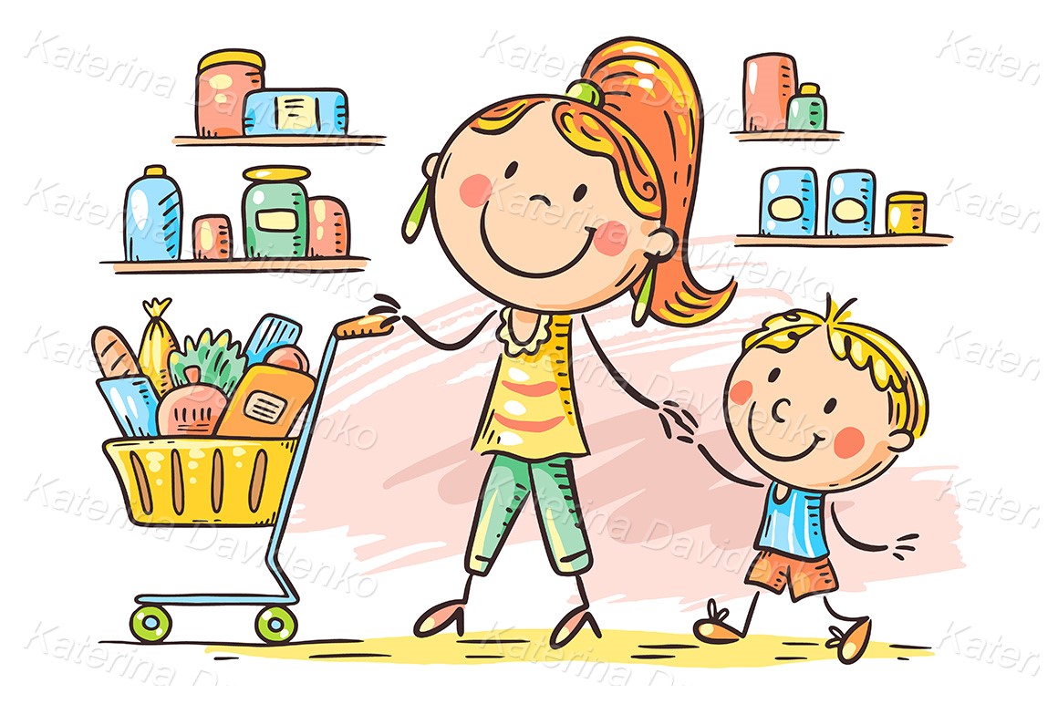 Family shopping clipart. Cartoon doodle mom and son at supermarket with  shopping cart