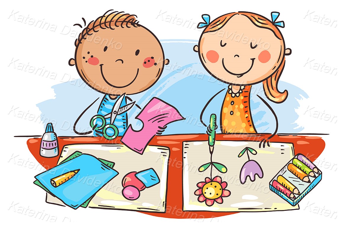 Cartoon doodle school kids enjoy crafting together, creative activities clipart