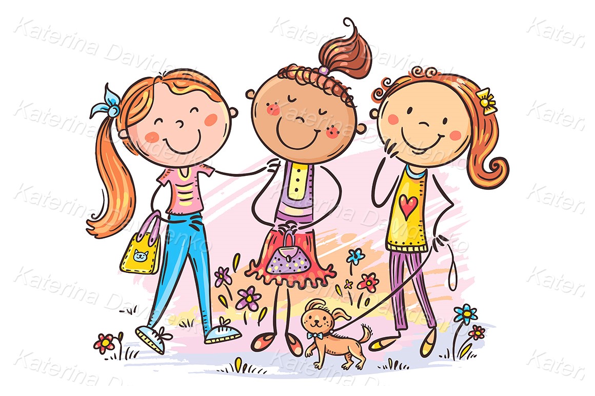 Cute cartoon doodle girls teens friends on a walk