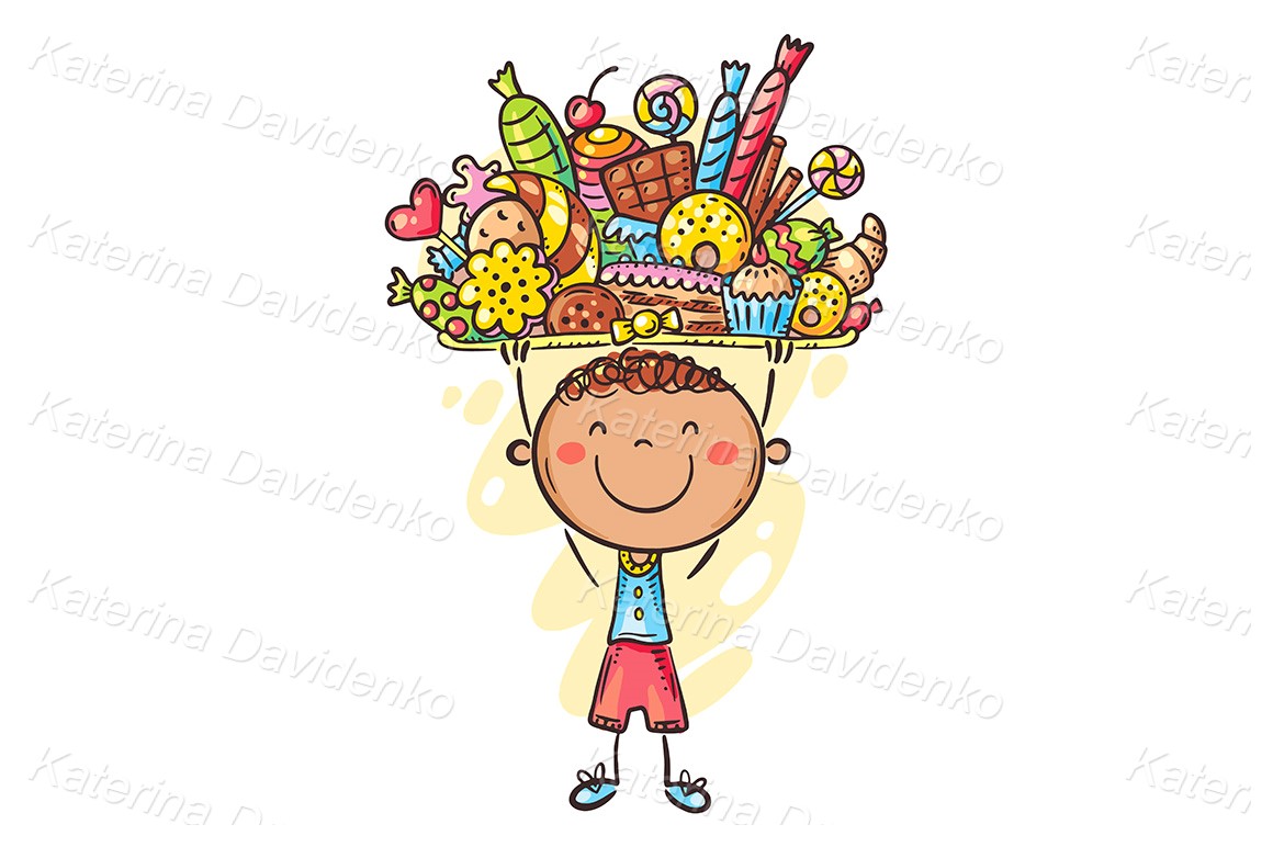 Cartoon little boy holding sweets