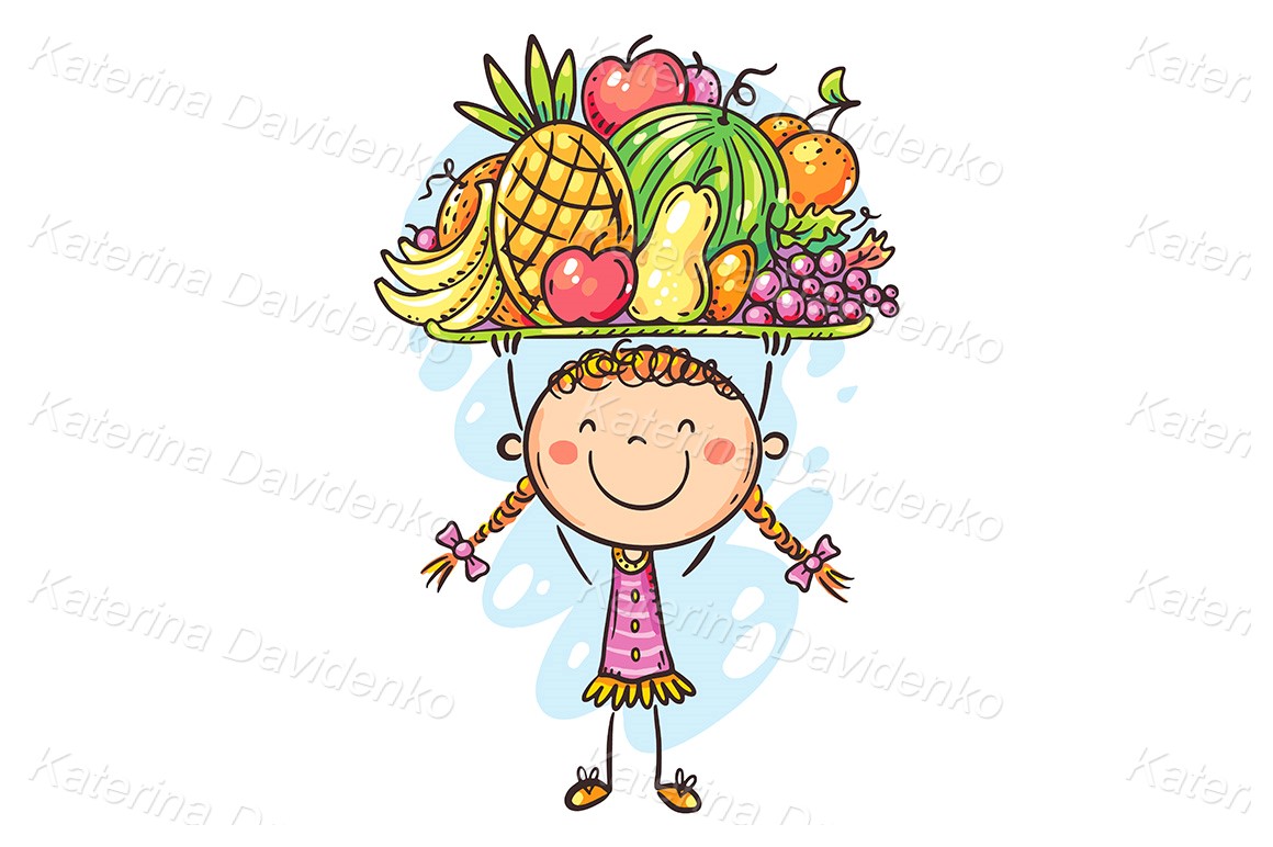 Doodle happy girl holding fruits