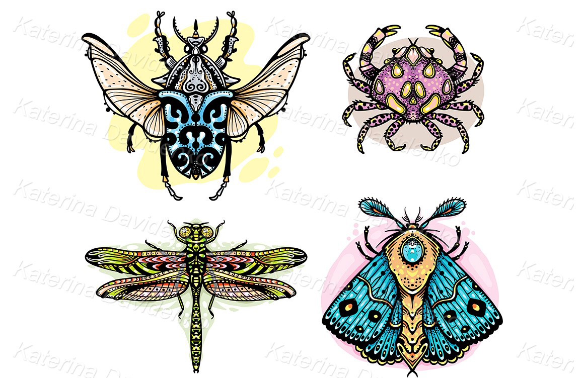 Set of colorful animals for stickers, tattoos and designs