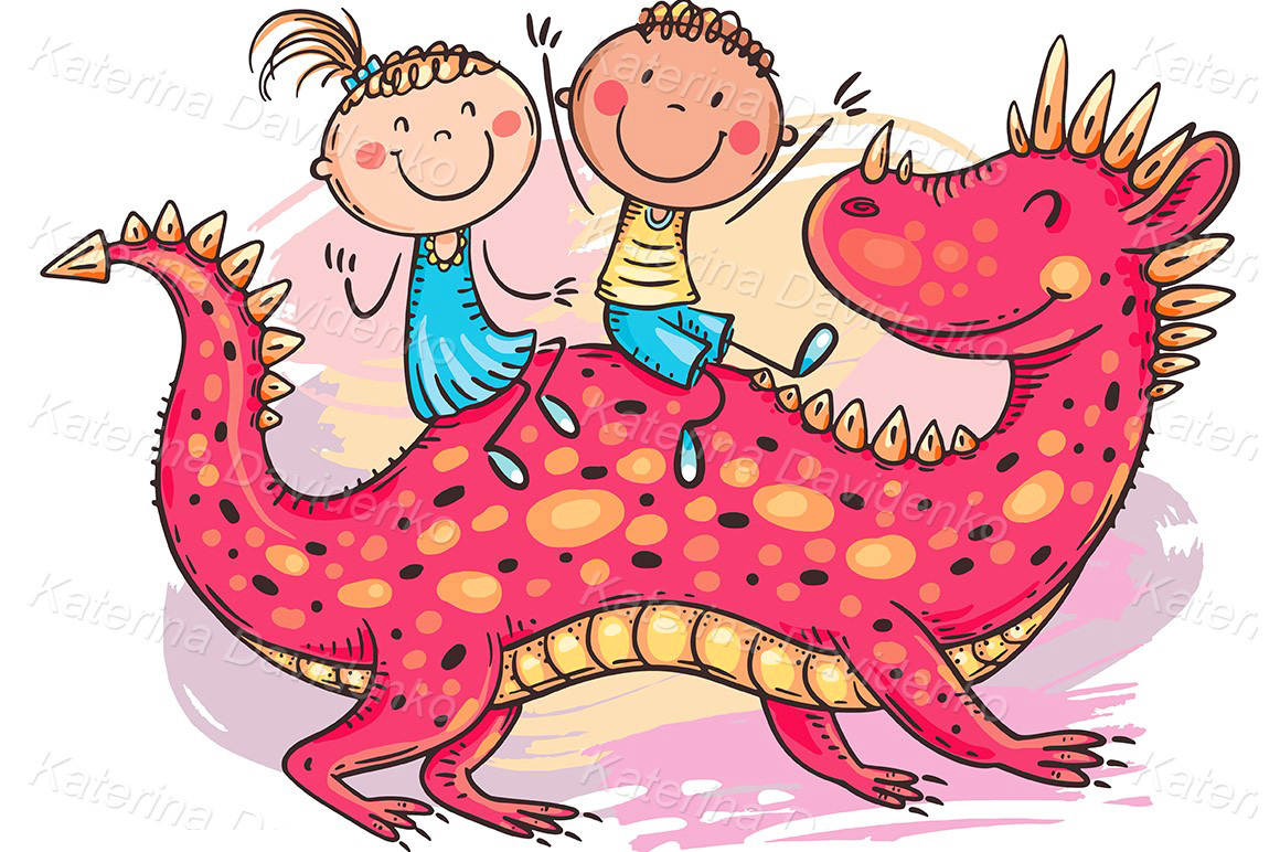Illustration of happy children riding a fairy red dragon