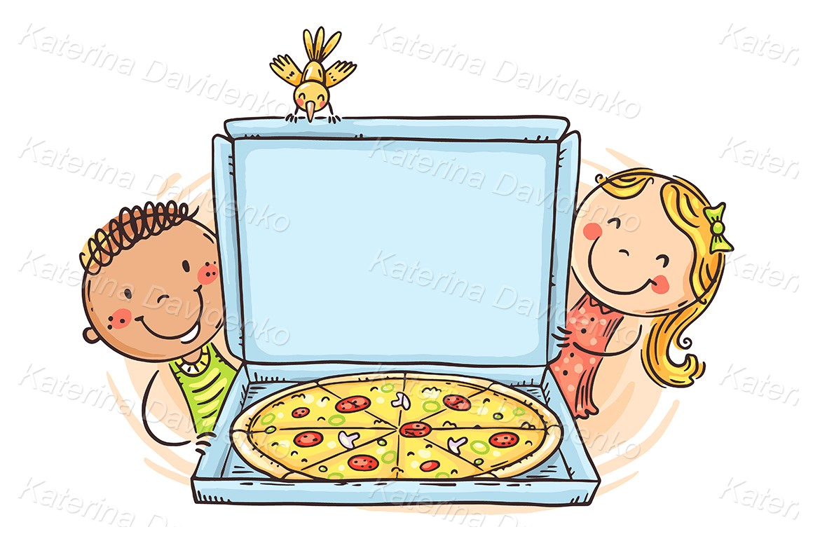 Doodle happy kids with pizza with a blank space