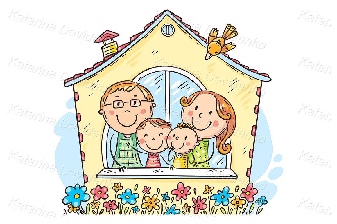 Illustration of family house - parents with two children looking out the window