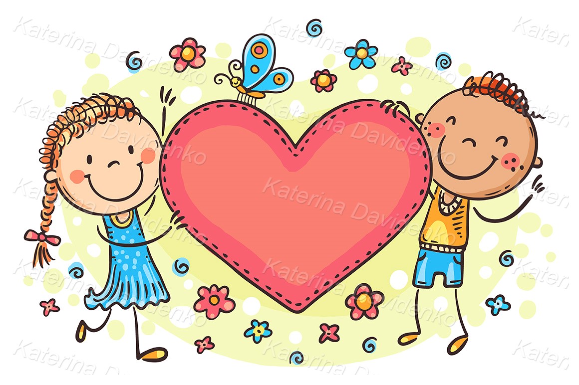 Doodle cartoon kids holding heart with a blank space for your text. Valentines  day clipart