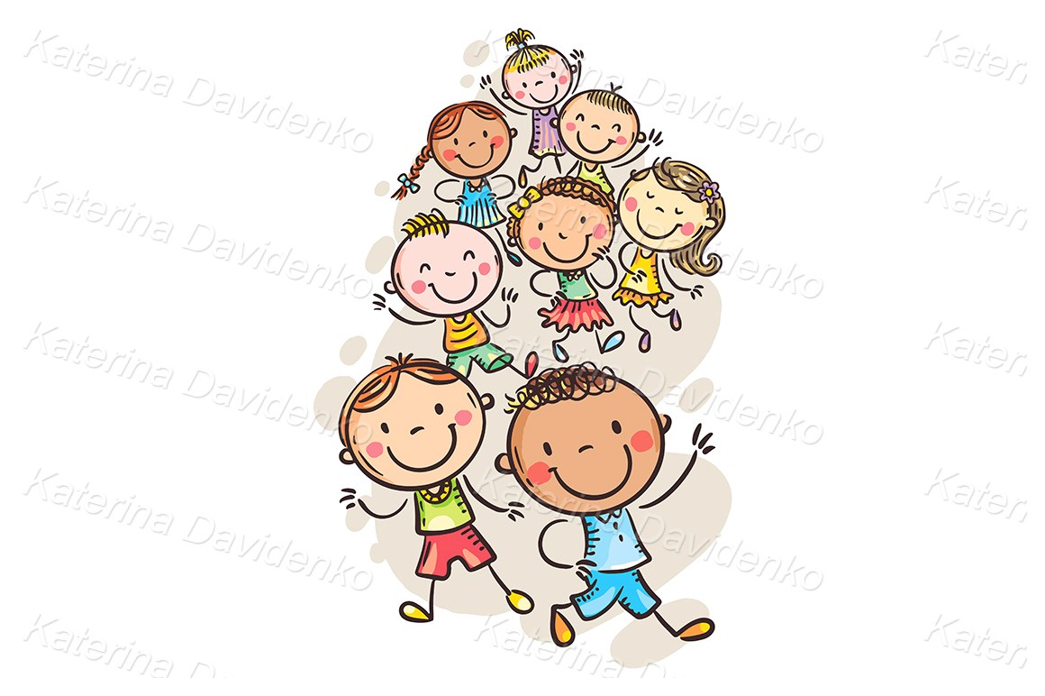 Crowd doodle children playing outdoors, hand drawn vector clipart illustration