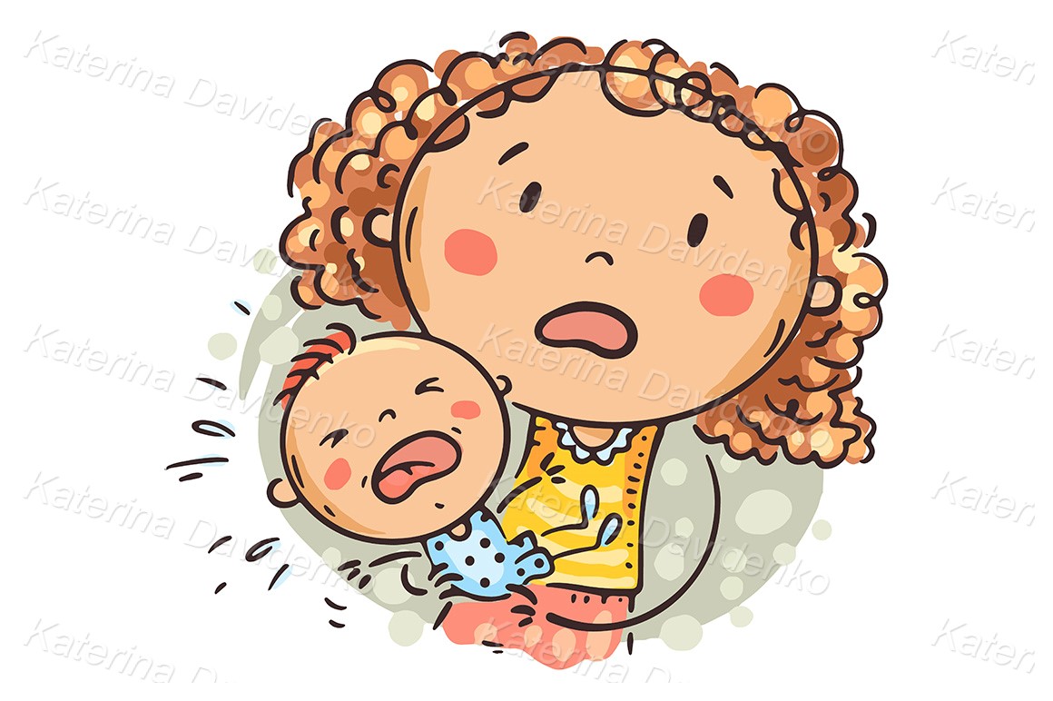 Illustration of a baby is crying and mother in panic
