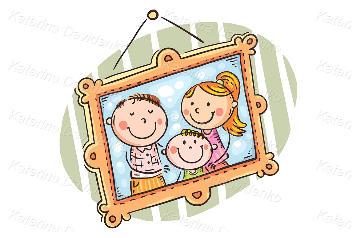 Happy family portrait in a frame on the wall
