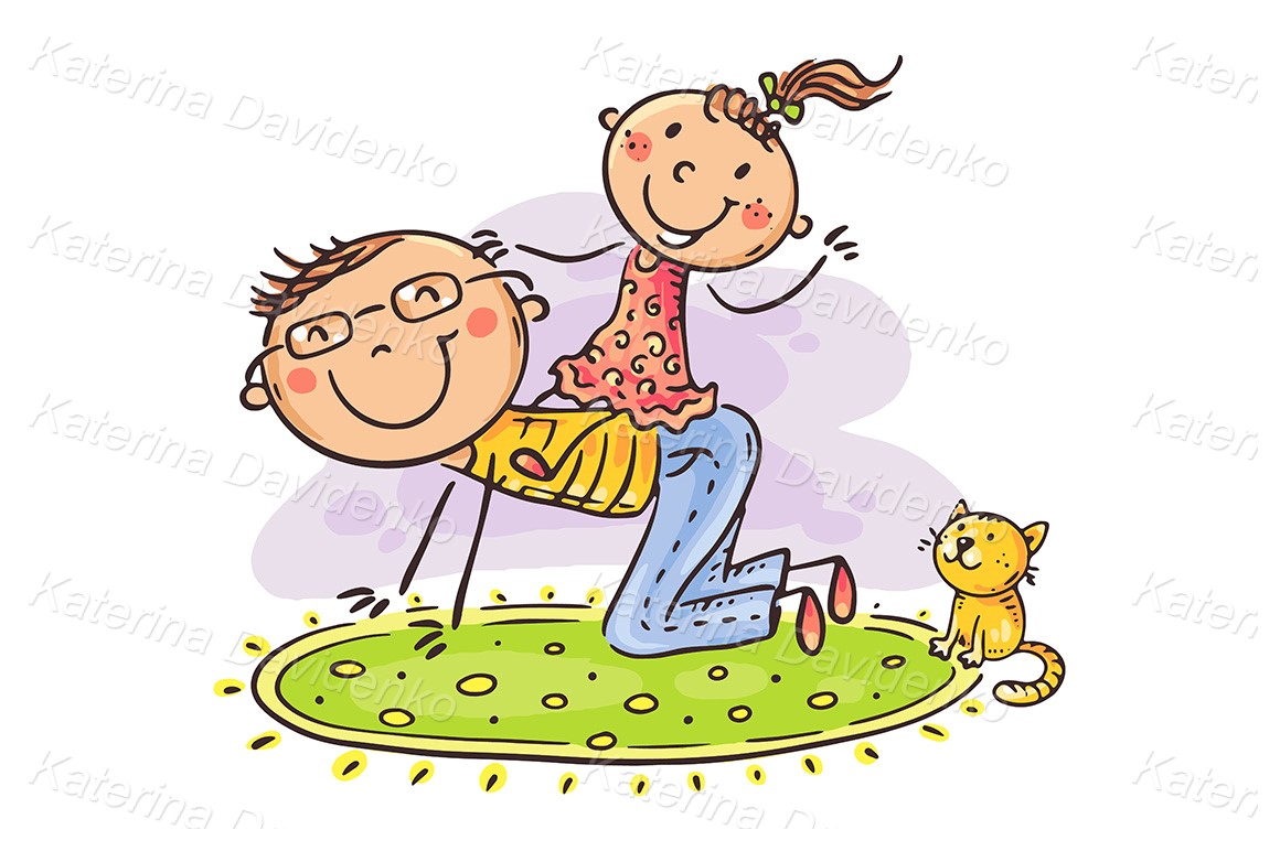 Happy cartoon father playing with a daughter on the carpet