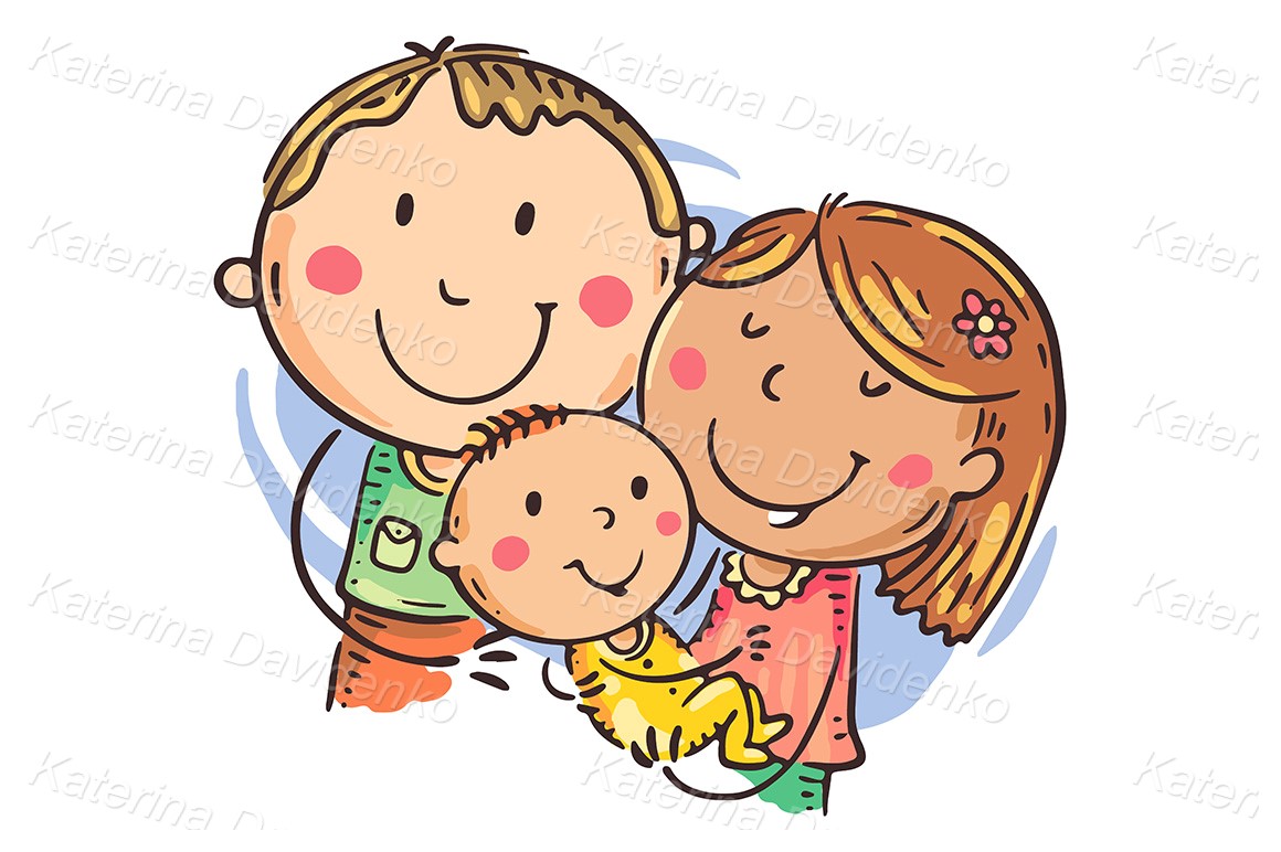 Illustration of parents hugging baby
