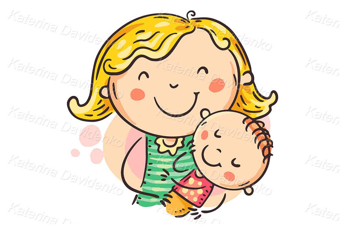 Cartoon illustration of happy mom hugs son