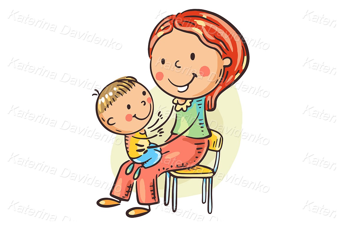 Cartoon merry son and mom spend time together