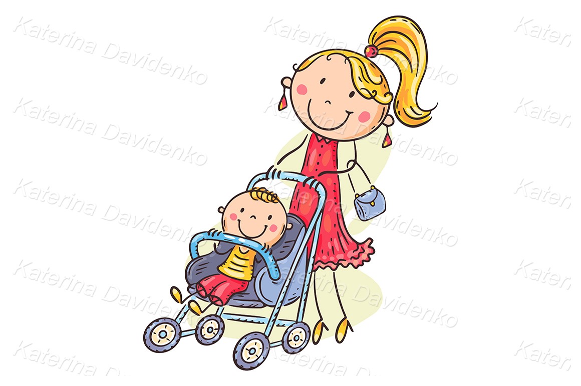 Illustration of a mom walks with her son in a baby stroller