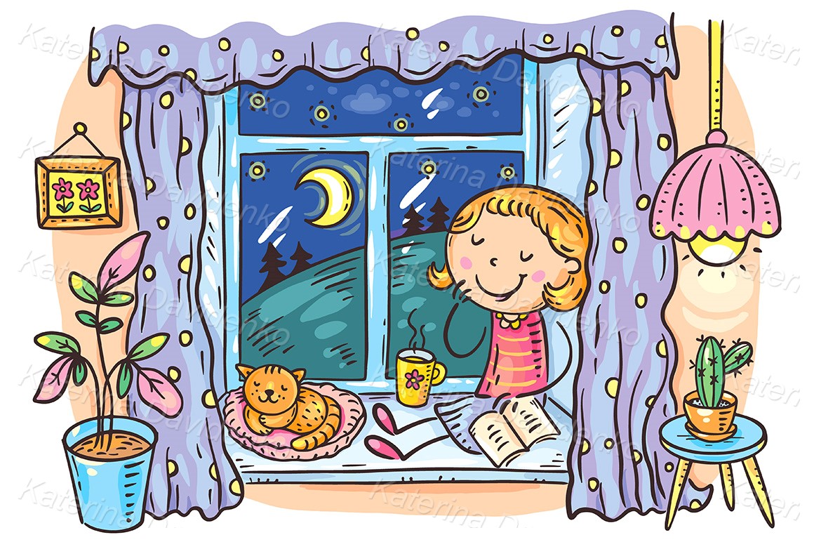 Vector character girl drinks tea in the evening sitting with her cat on the windowsill