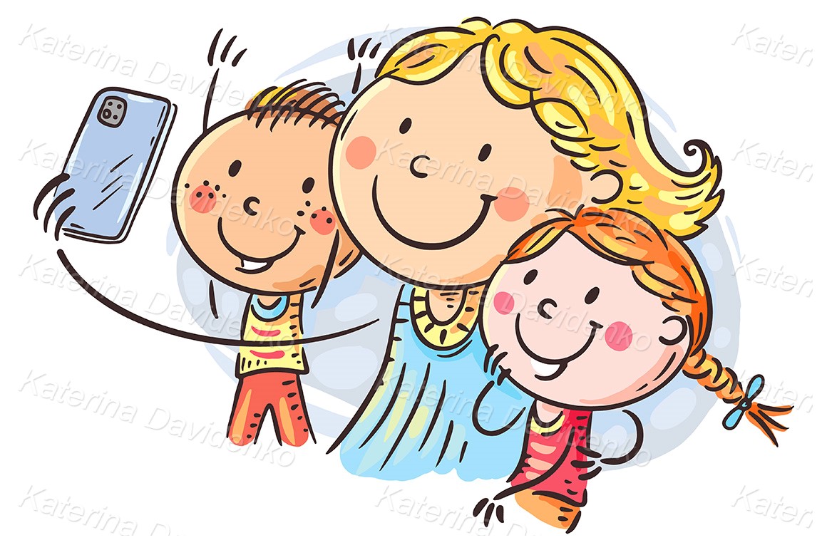 Cartoon family clipart. Selfie of happy mom with two children: boy and girl