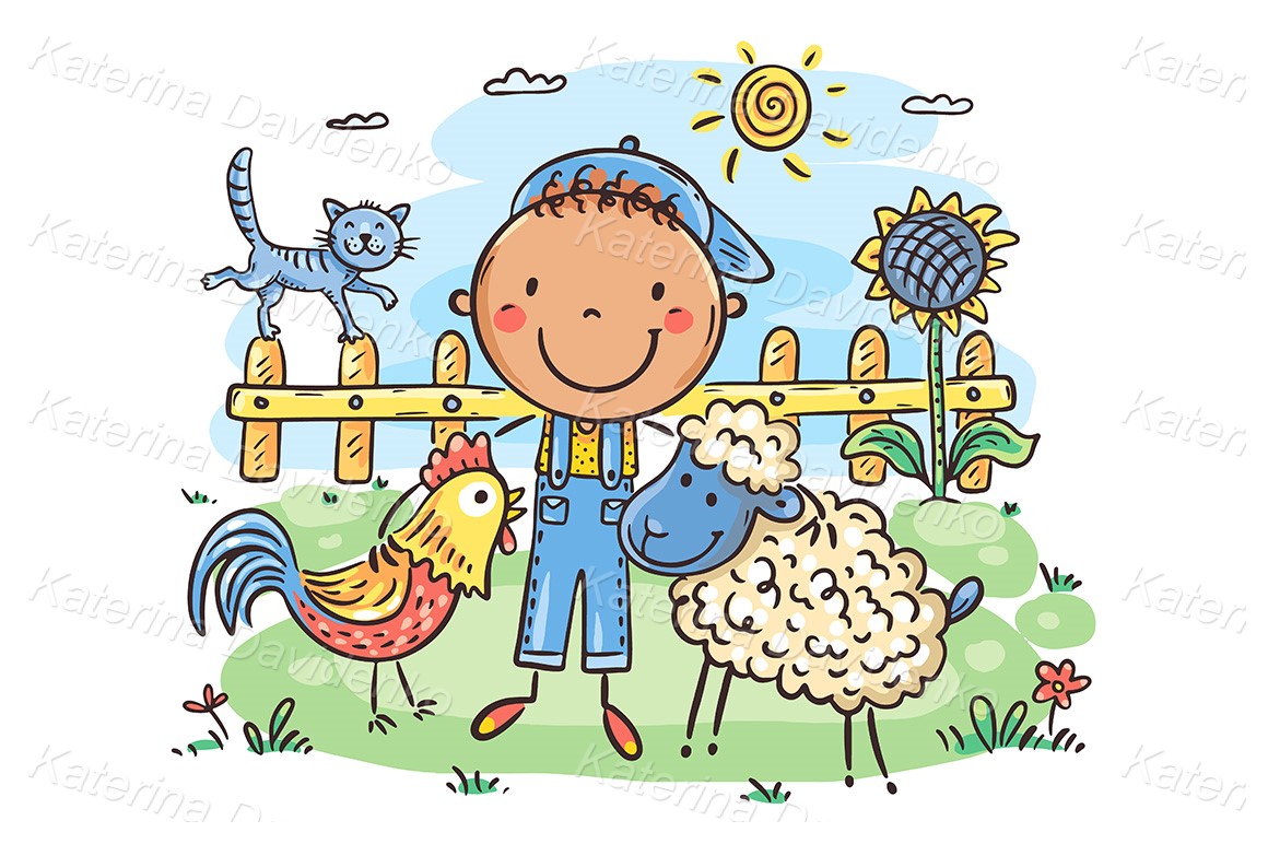 Cartoon little boy at countryside with farm animals