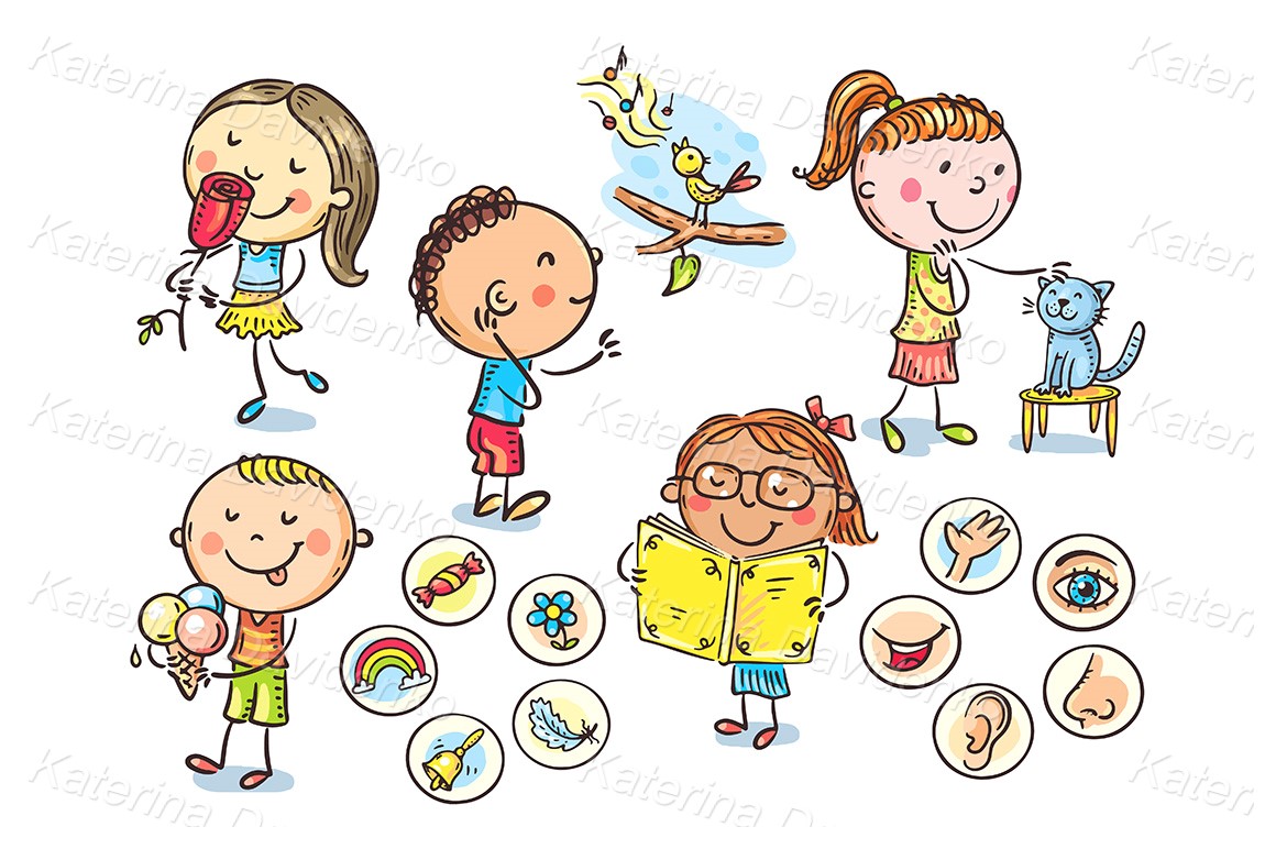 Cartoon kids illustrating five senses