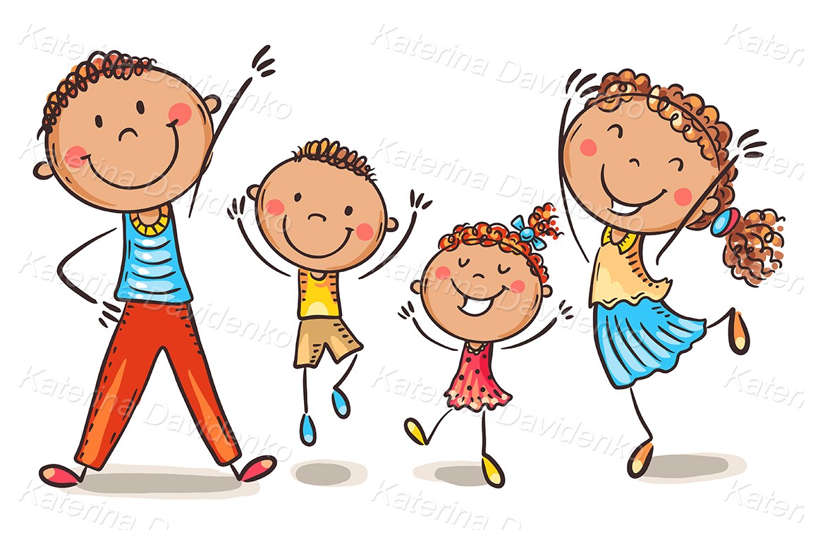 Illustration of family jumping with joy. Isolated cartoon characters