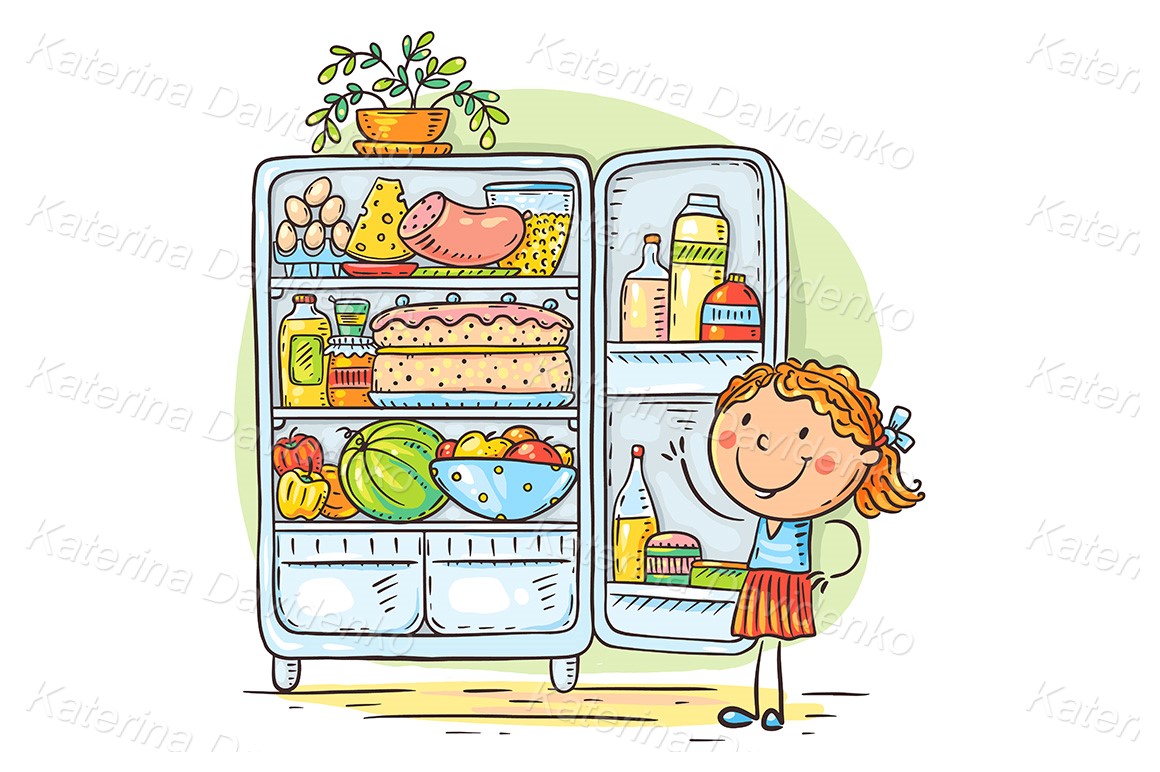 Cartoon kid and fridge with food, healthy eating or cooking concept, drawing, clipart