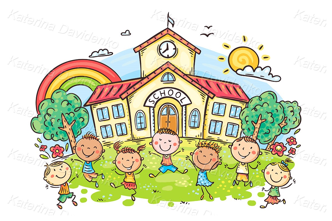 Happy cartoon children playing in front of school building, back to school  clipart