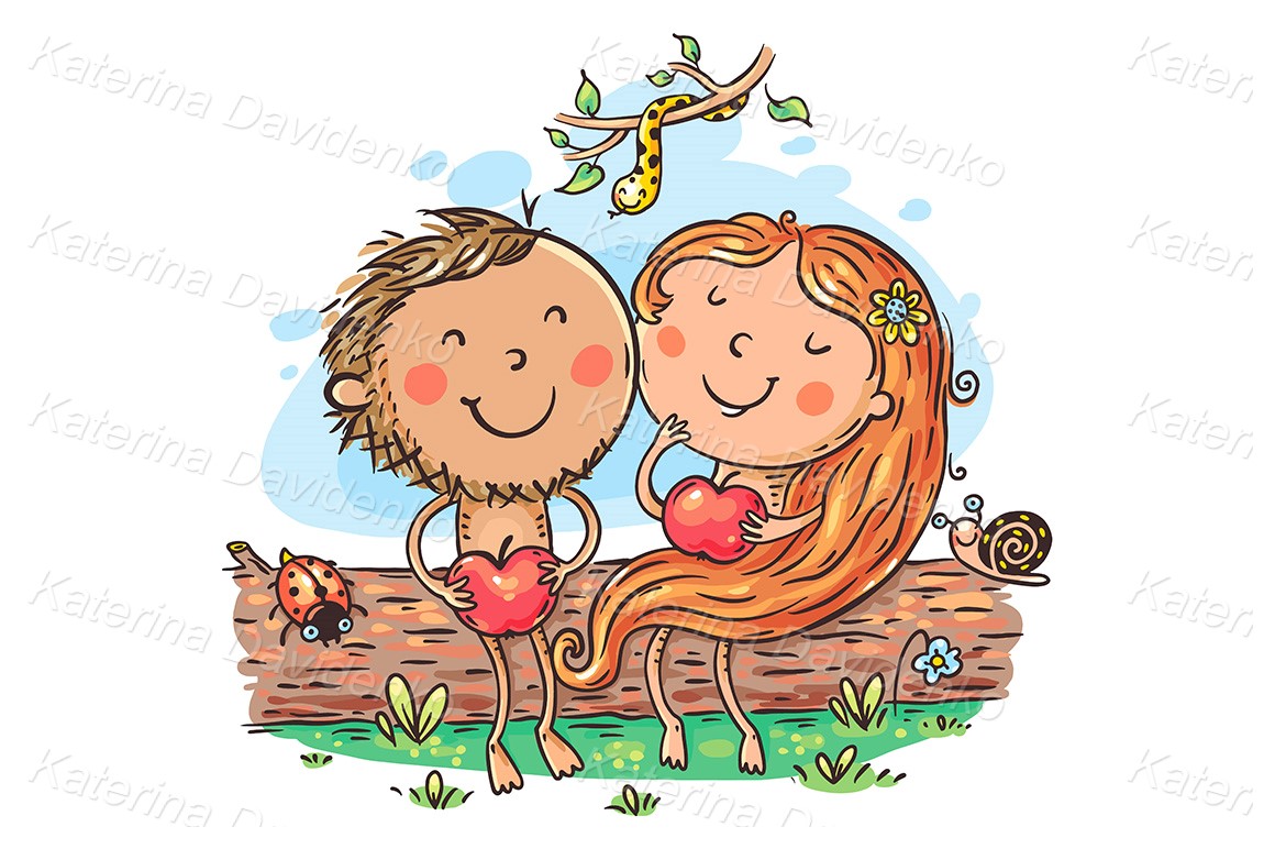 Adam and Eve with apples in paradise. Bible story scene: first man and woman in garden eden