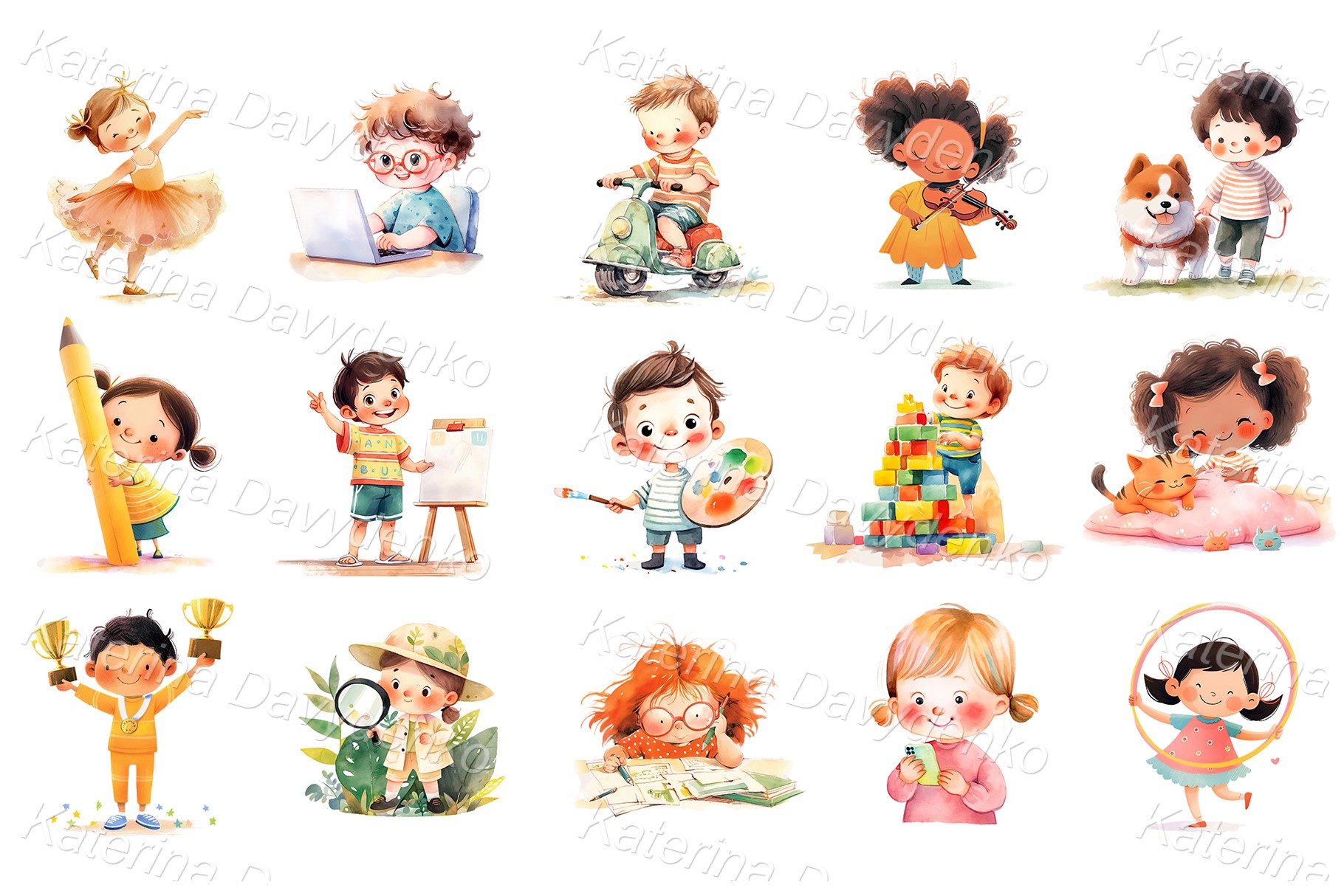 Cute cartoon little kids daily activities PNG clipart set