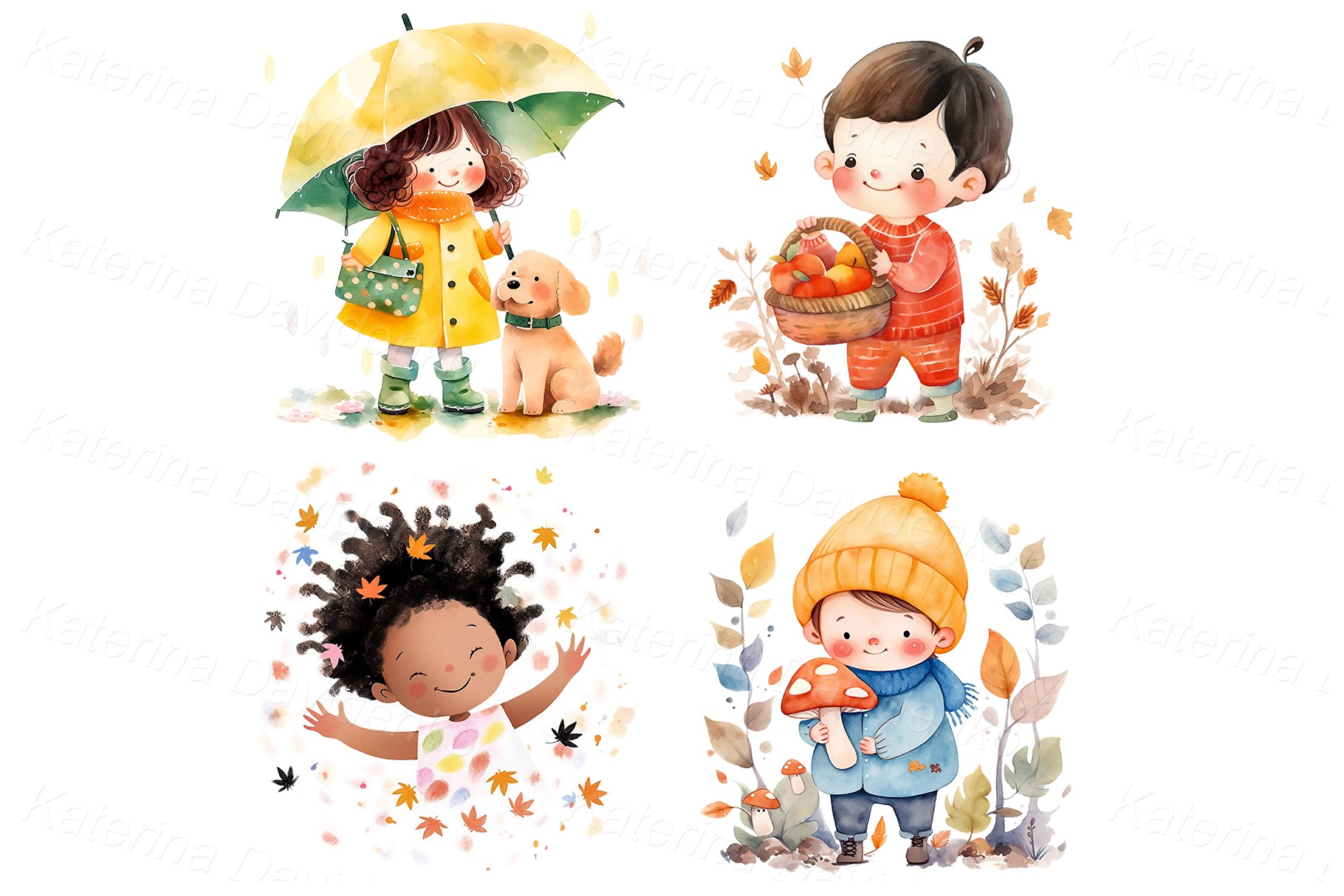 Cartoon little kids outdoor clipart, autumn weather, children season activities