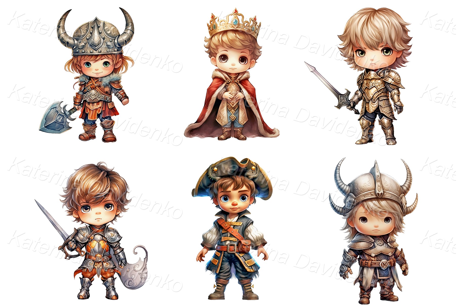 Set of isolated cartoon kids characters, little boys in costumes of viking, king, knight, pirate and warrior