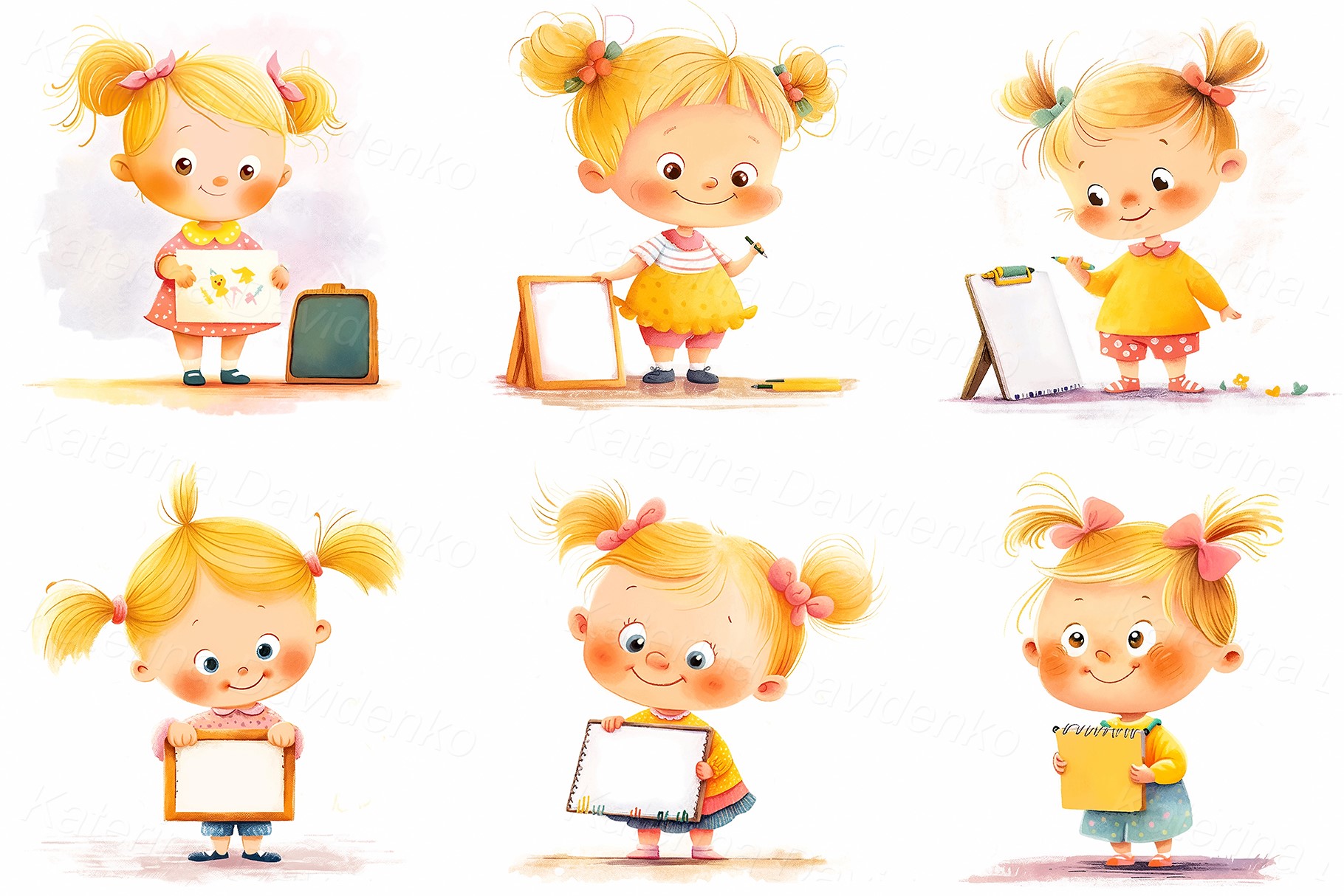 Cartoon clipart set of cute little school girl with frames with copyspace