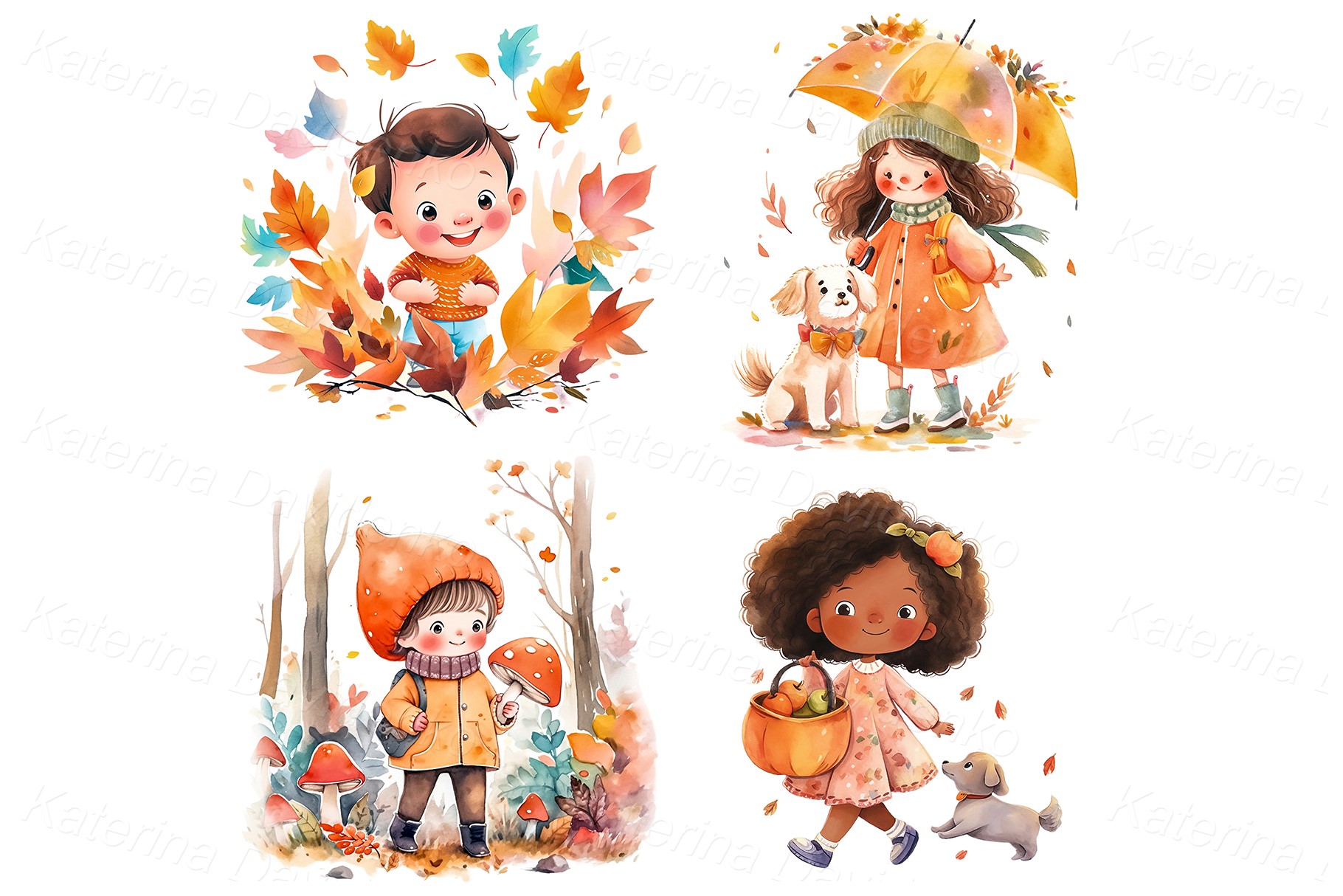 Cute cartoon kids clipart. Watercolor set of autumn season PNG clipart, children outdoor activities