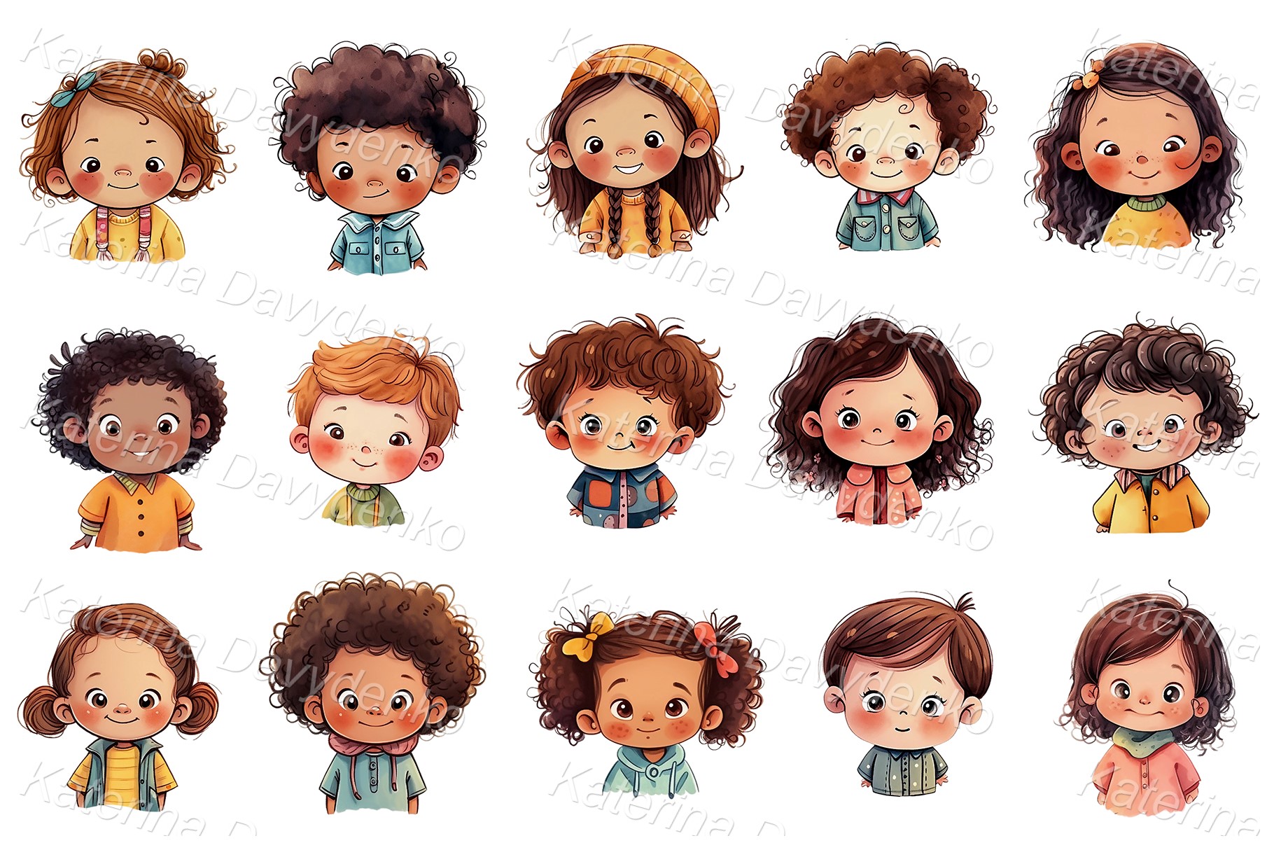 Cartoon Multiethnic Kids Avatars PNG Clipart Set Children Faces Isolated Pictures Boys Girls