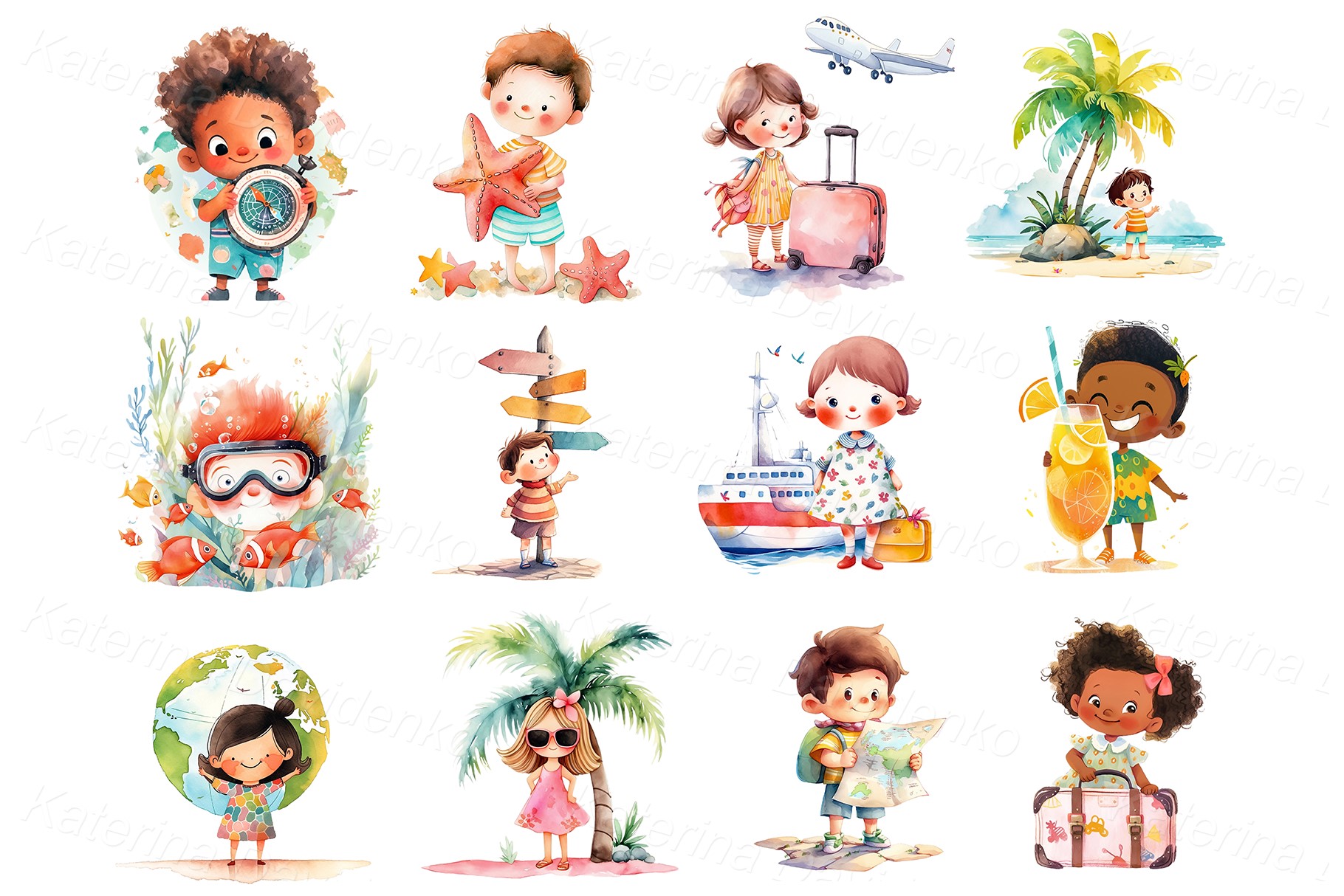 Set of watercolor cartoon kids vacation PNG clipart, summer activities, children traveling clipart