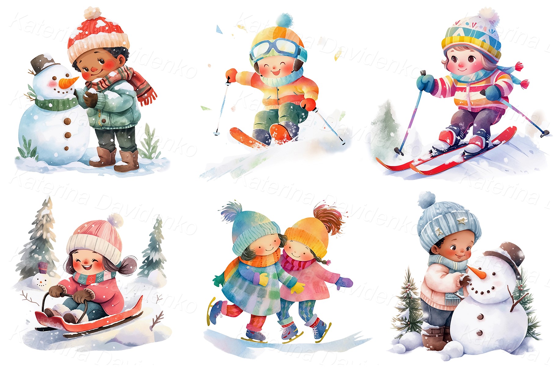 Watercolor Cartoon PNG Clipart Set Happy Kids Winter Season Outdoor Activities Children