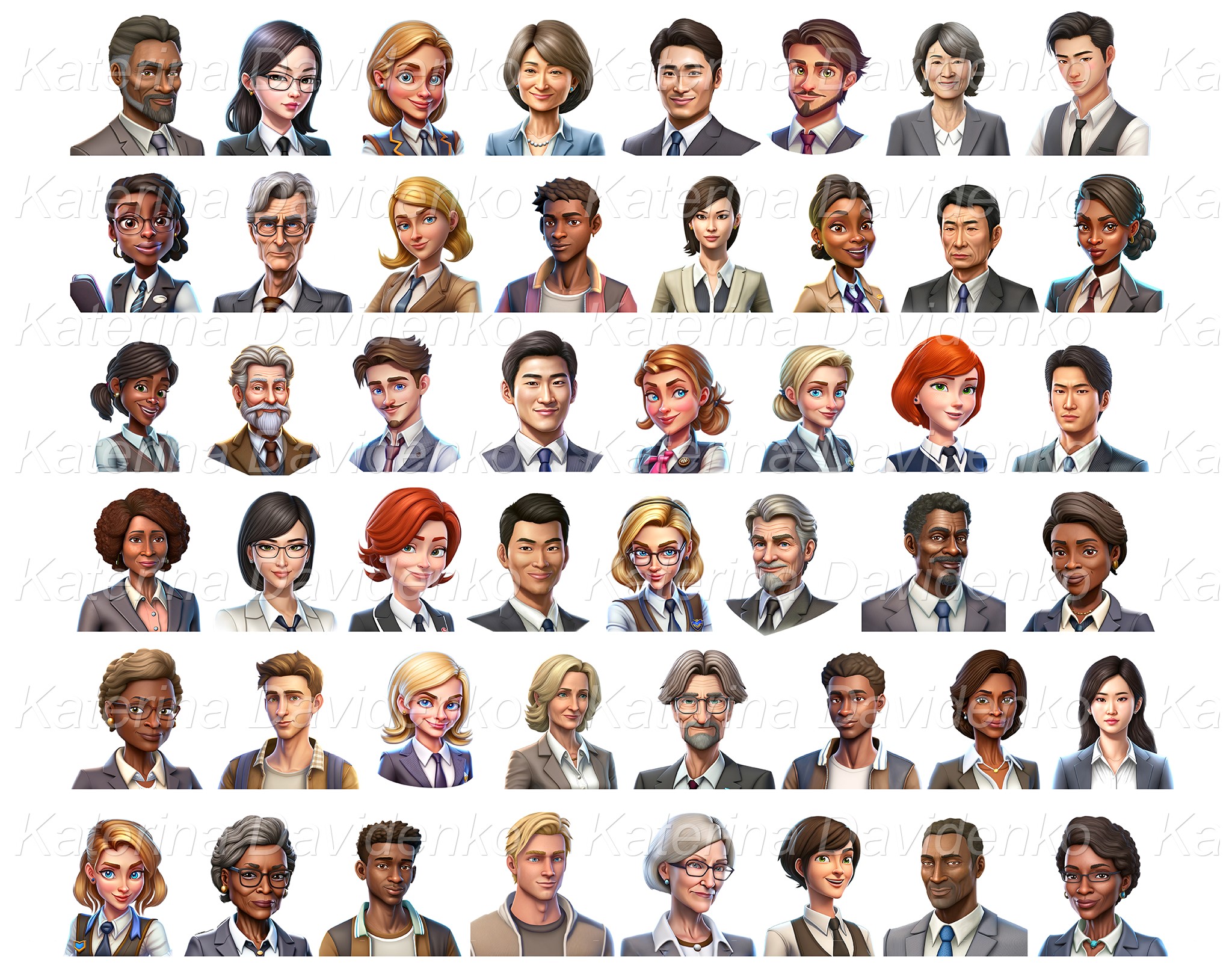 Icons set with cartoon people faces, isolated avatars of multinational people, office workers, portraits of realistic characters