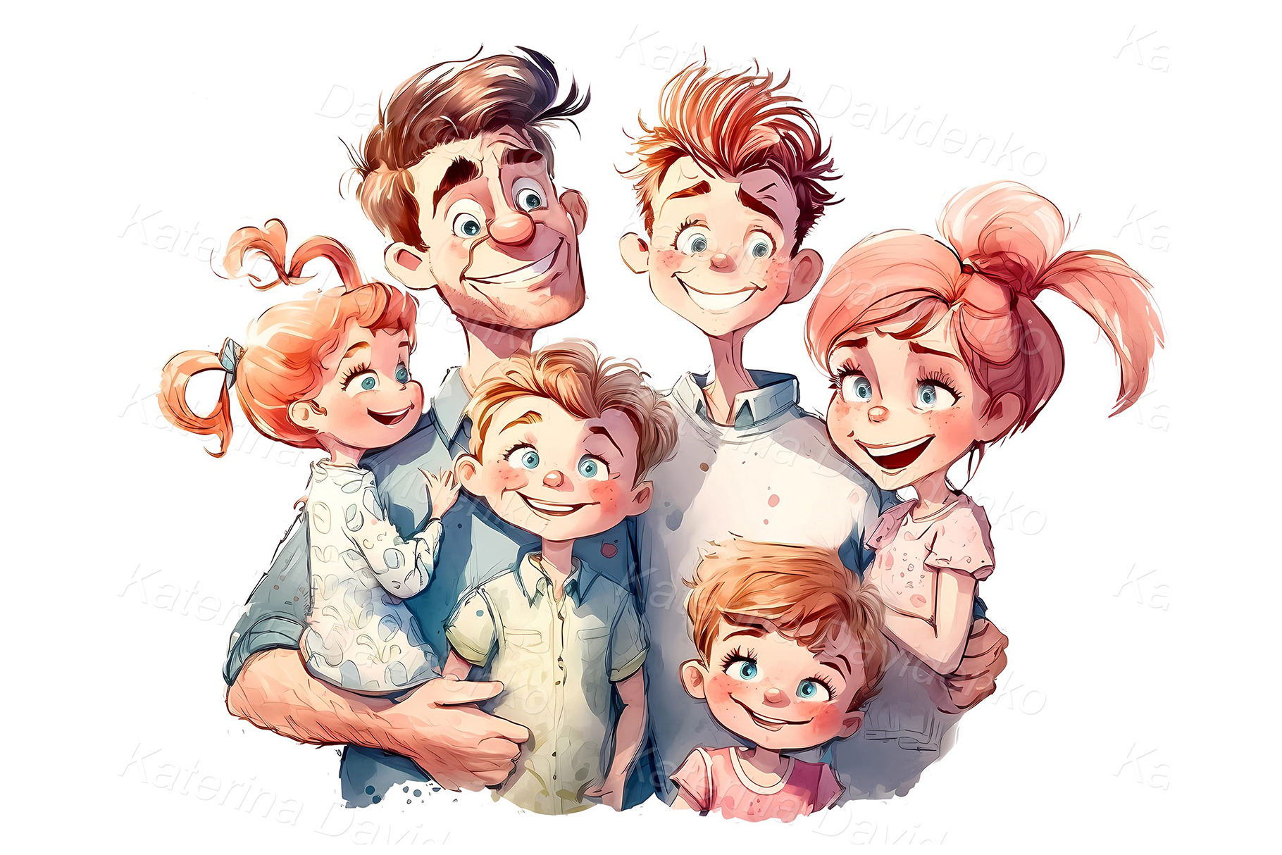 Happy cartoon big family with many children. Watercolor portrait
