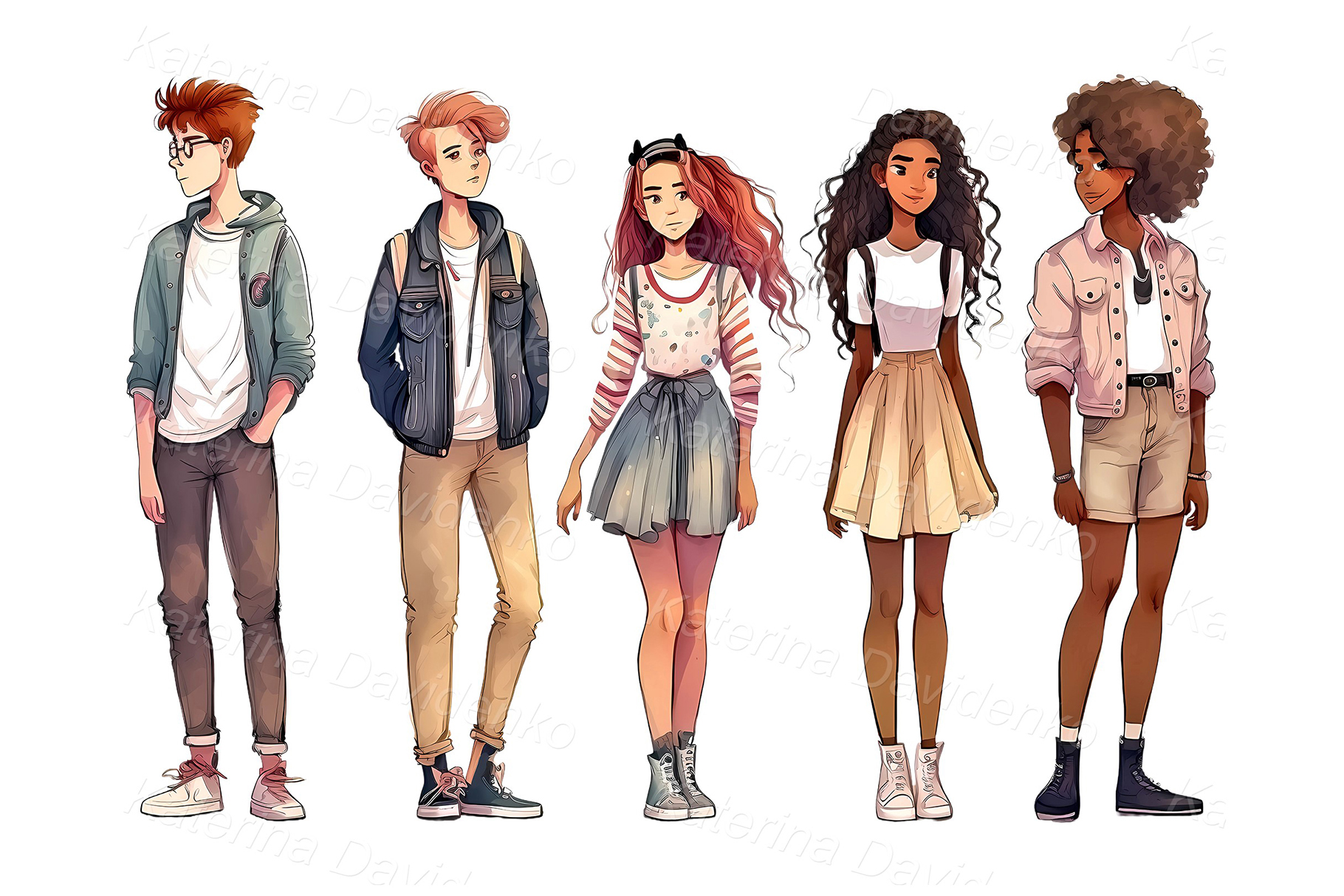 Watercolor illustration of a group of fashionable teenagers. Young men and women standing in a row. Teen clipart