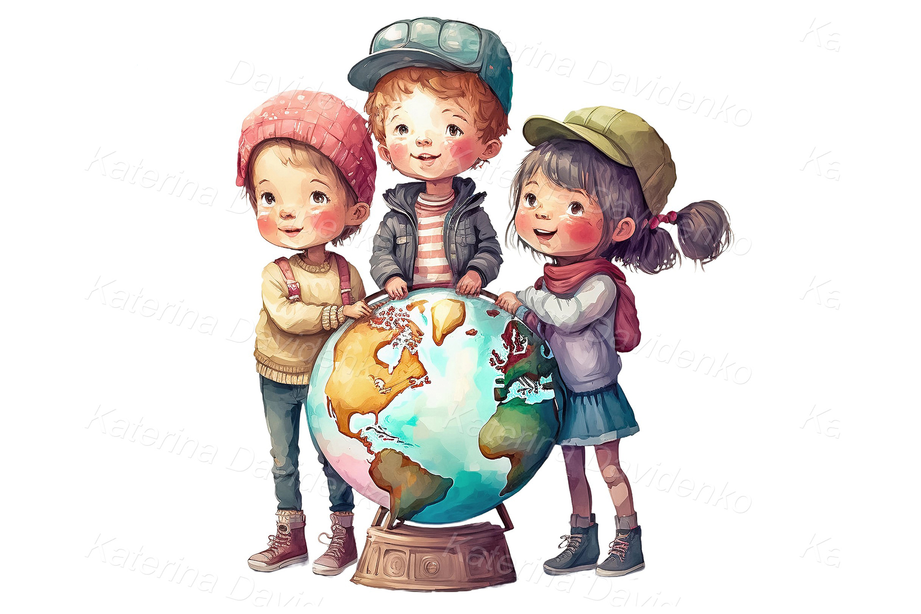 Multiethnic children with a globe, cartoon happy kids illustration