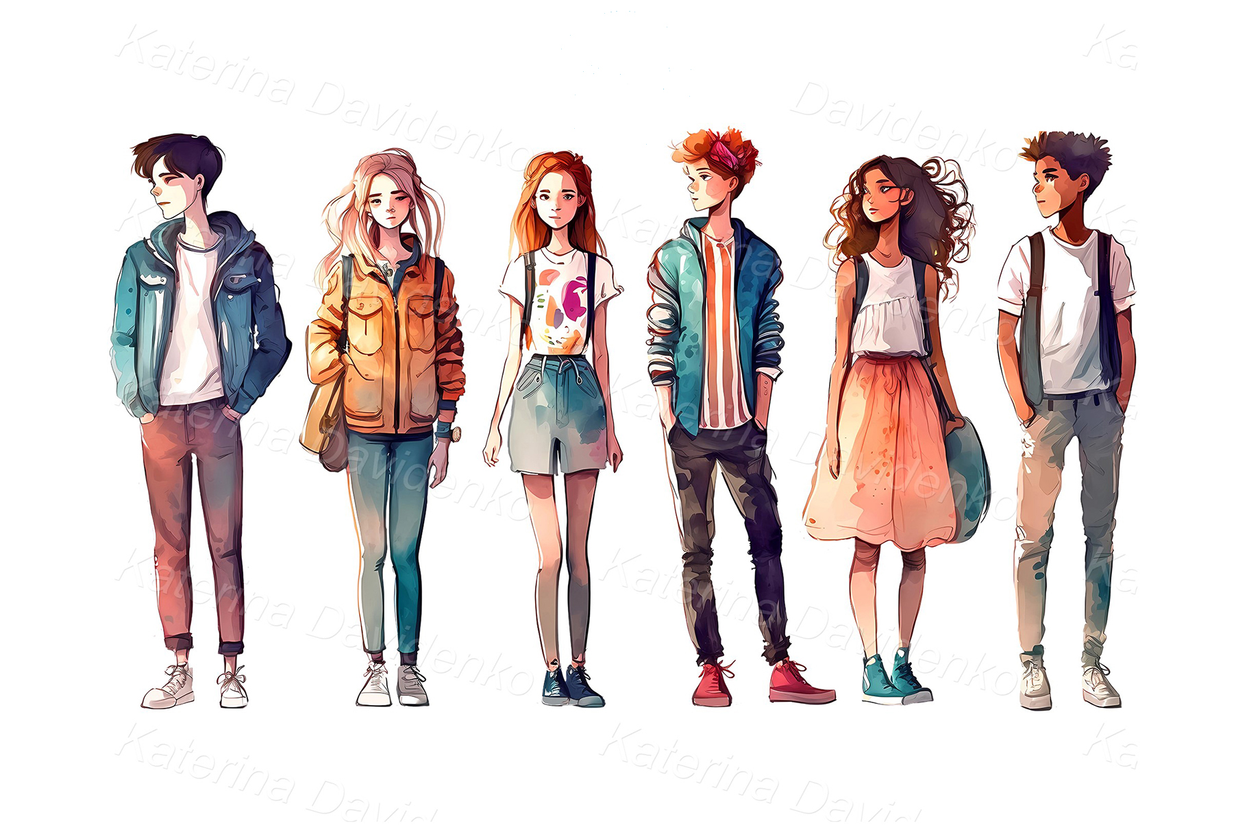 Watercolor cartoon teens clipart. Young people standing in a row. Boys and girls teenager in casual clothes