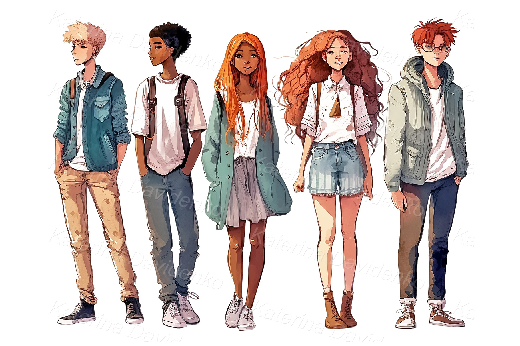 Cartoon teenagers clipart. Young people standing in a row in casual clothes