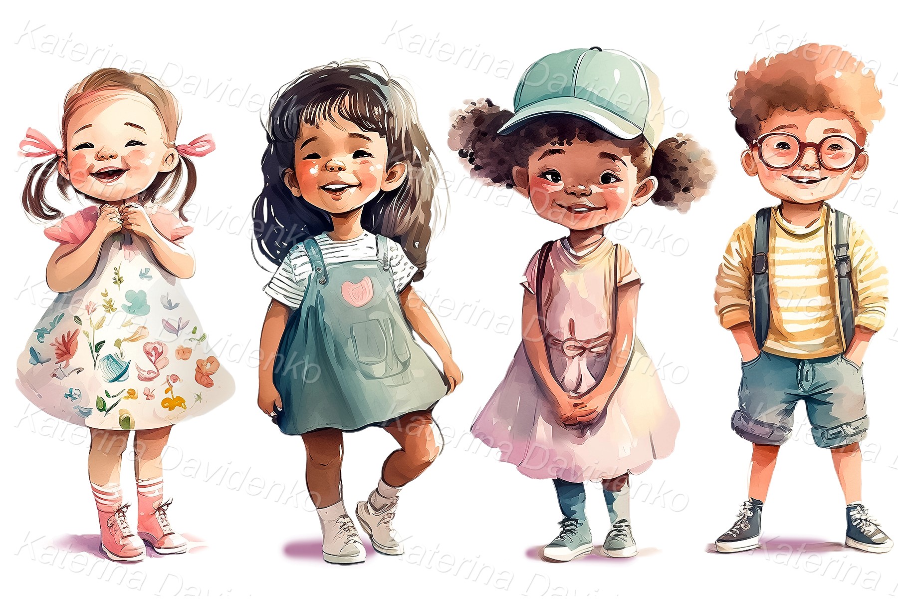 Cute little cartoon happy girls and boy standing in a row